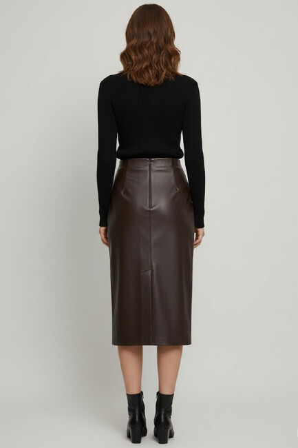 Kadın Deri Yırtmaçlı Etek 1901358 Kahve - Thumbnail