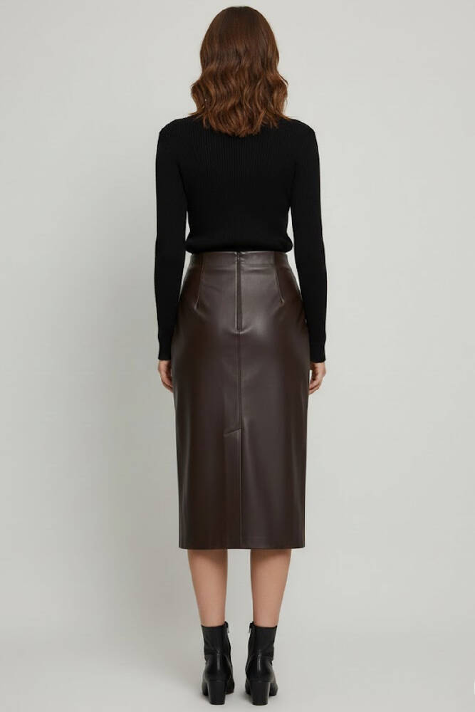 Kadın Deri Yırtmaçlı Etek 1901358 Kahve 