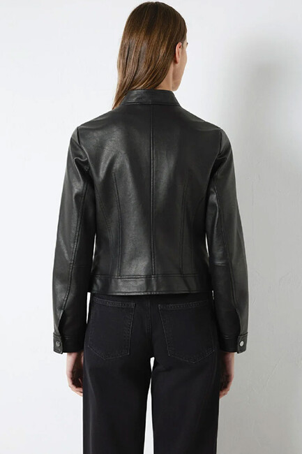 Kadın Dik Yaka PU Ceket 1110598-900 Siyah - Thumbnail