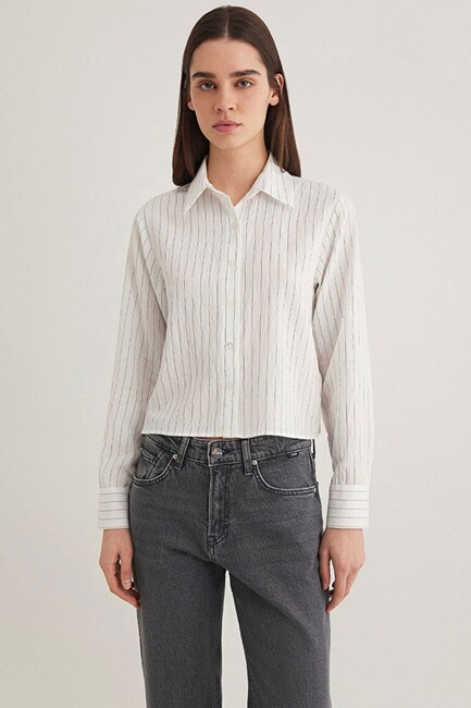 Kadın Dokuma Kısa Gömlek 1211025-85353 Siyah - Thumbnail