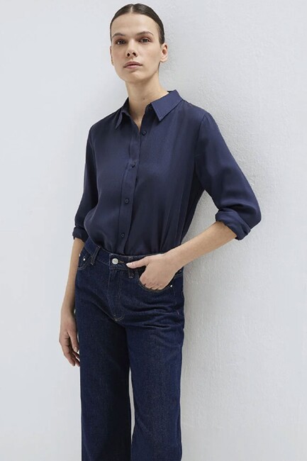 Kadın Dokuma Uzun Kollu Gömlek 1211506-70487 Lacivert - Thumbnail