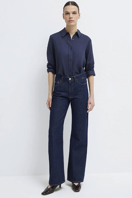 Kadın Dokuma Uzun Kollu Gömlek 1211506-70487 Lacivert - Thumbnail