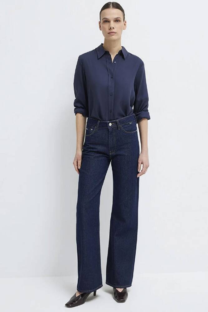 Kadın Dokuma Uzun Kollu Gömlek 1211506-70487 Lacivert 