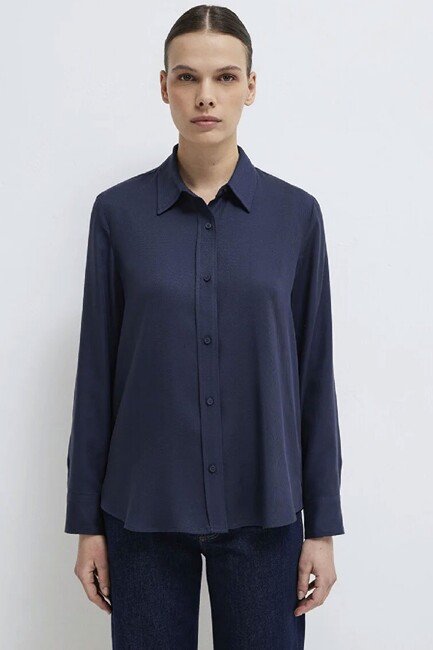 Kadın Dokuma Uzun Kollu Gömlek 1211506-70487 Lacivert - Thumbnail