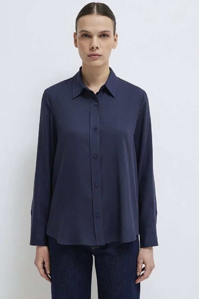 Kadın Dokuma Uzun Kollu Gömlek 1211506-70487 Lacivert 