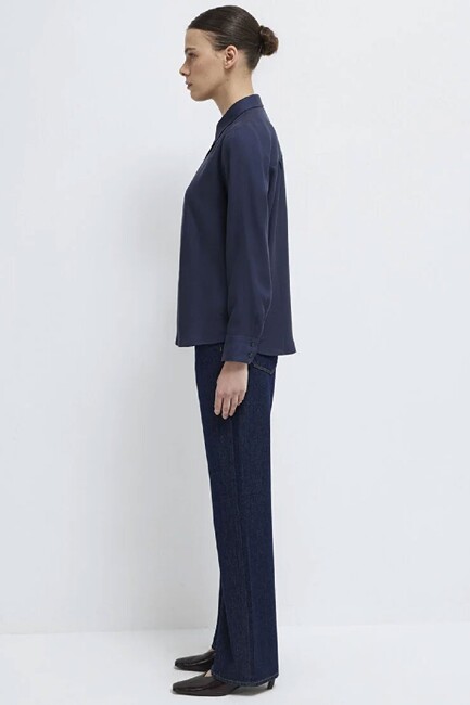 Kadın Dokuma Uzun Kollu Gömlek 1211506-70487 Lacivert - Thumbnail