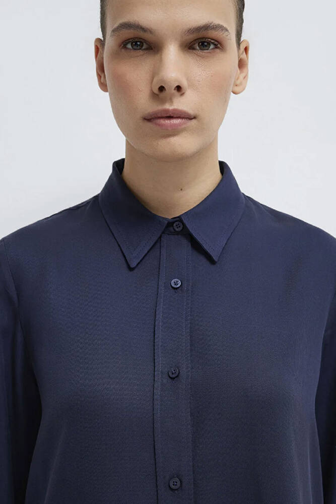 Kadın Dokuma Uzun Kollu Gömlek 1211506-70487 Lacivert 