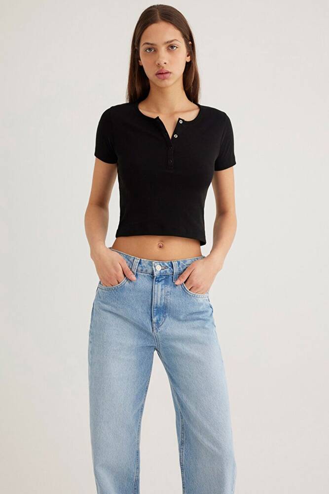 Kadın Düğme Detaylı Crop 1611639-900 Siyah 