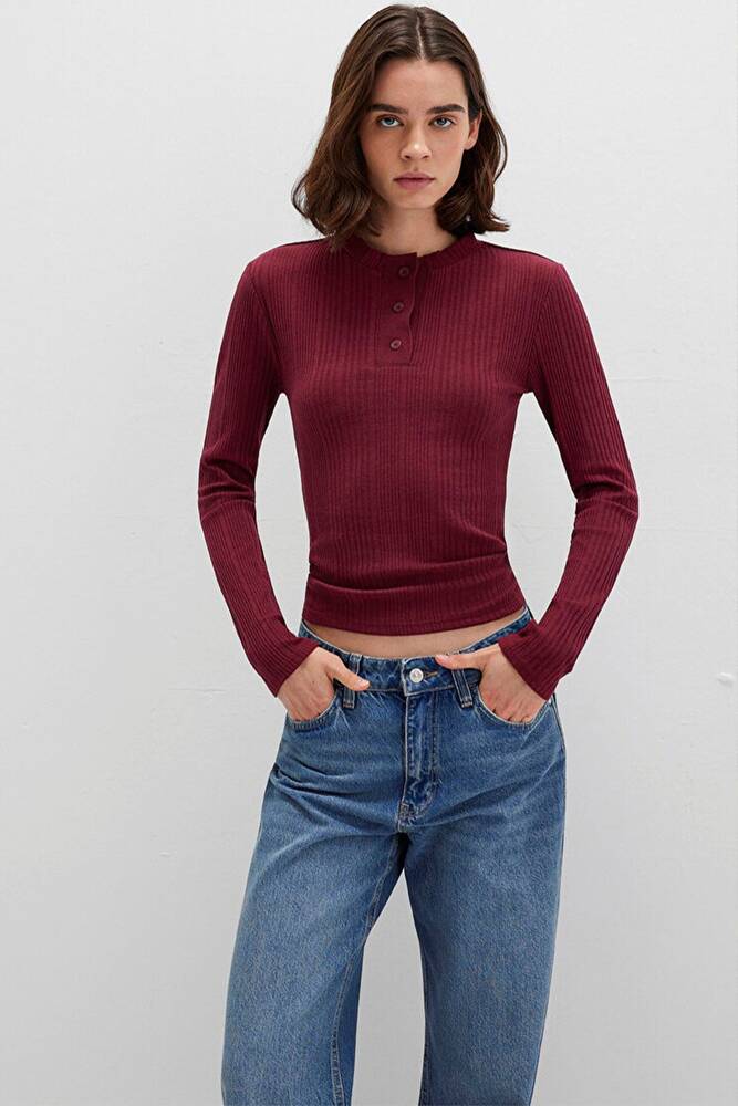 Kadın Düğmeli Modelli Penye 1613374-70427 Bordo 