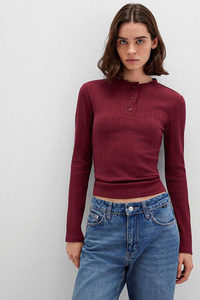 Kadın Düğmeli Modelli Penye 1613374-70427 Bordo 