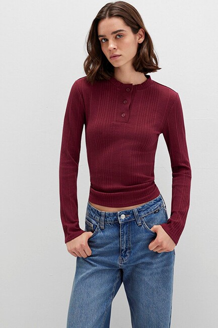 Kadın Düğmeli Modelli Penye 1613374-70427 Bordo - Thumbnail