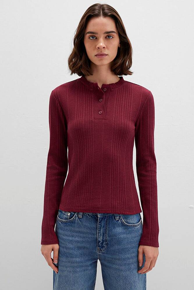 Kadın Düğmeli Modelli Penye 1613374-70427 Bordo 