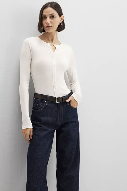 Kadın Düğmeli Modelli Penye 1613652-80194 Ekru (1)