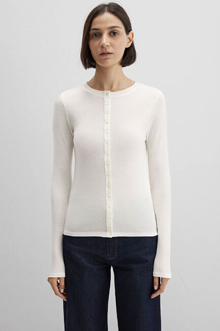 Kadın Düğmeli Modelli Penye 1613652-80194 Ekru - Thumbnail