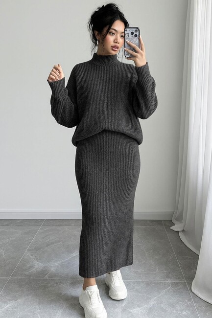 Kadın Etekli Triko Takım 25K0188K1 Gri (1)