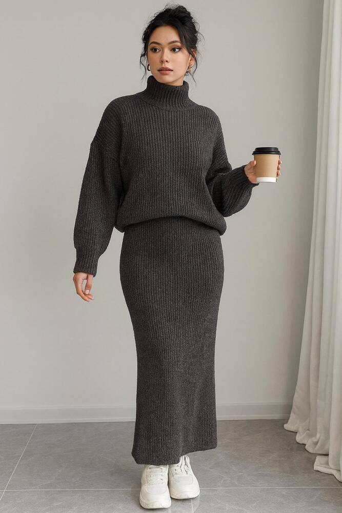 Kadın Etekli Triko Takım 25K0188K1 Gri 