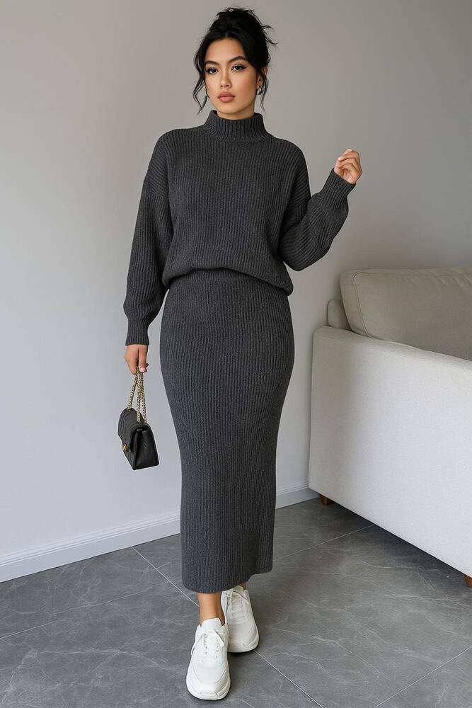 Kadın Etekli Triko Takım 25K0188K1 Gri 