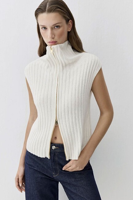 Kadın Fermuarlı Kolsuz Kazak 1710827-70057 Ekru (1)