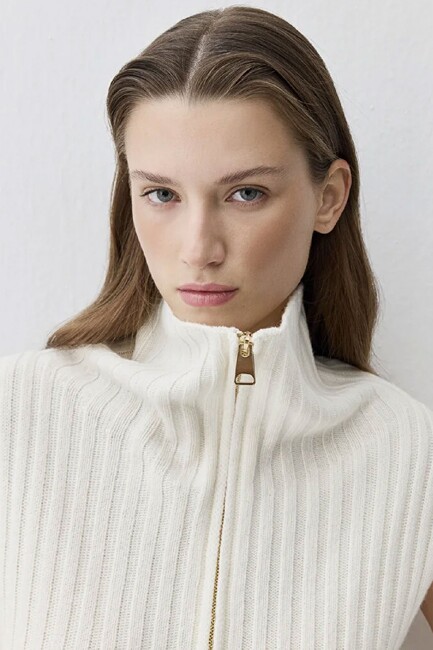 Kadın Fermuarlı Kolsuz Kazak 1710827-70057 Ekru (2)