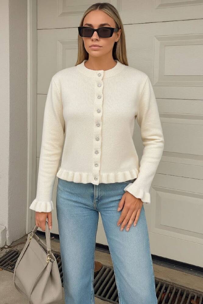 Kadın Fırfır Detaylı Hırka 25K0492K1 Ekru 