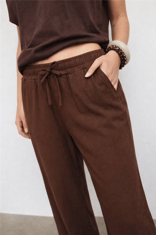 Kadın Geniş Paça Keten Pantolon 26Y0608K1 Kahve 