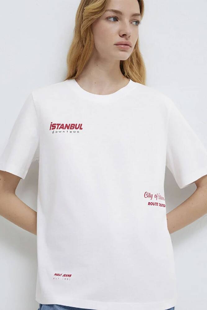 Kadın İstanbul Baskılı Tişört 1613737-620 Beyaz 