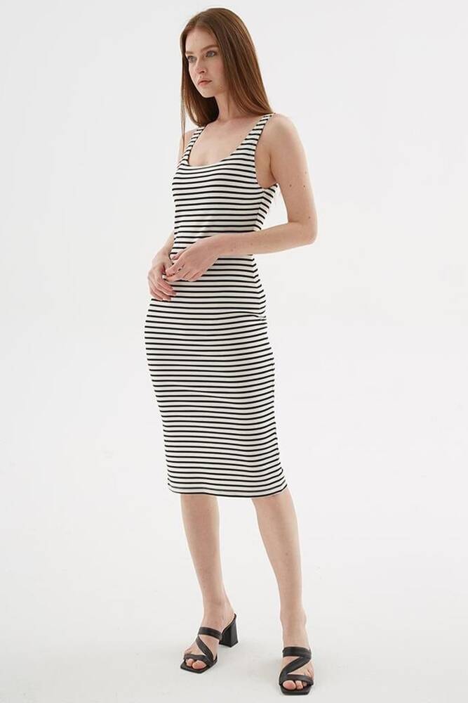 Kadın Kare Yaka Midi Elbise 25Y0299K1 Ekru 