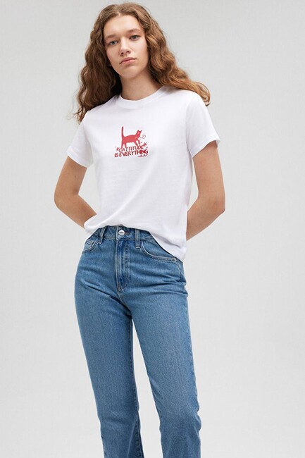 Kadın Kedi Baskılı Tişört 1612202-620 Beyaz (2)