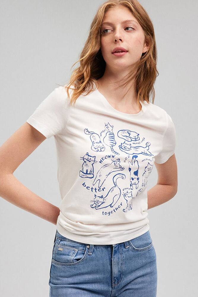 Kadın Kedi Baskılı Tişört 1612206-70057 Beyaz 