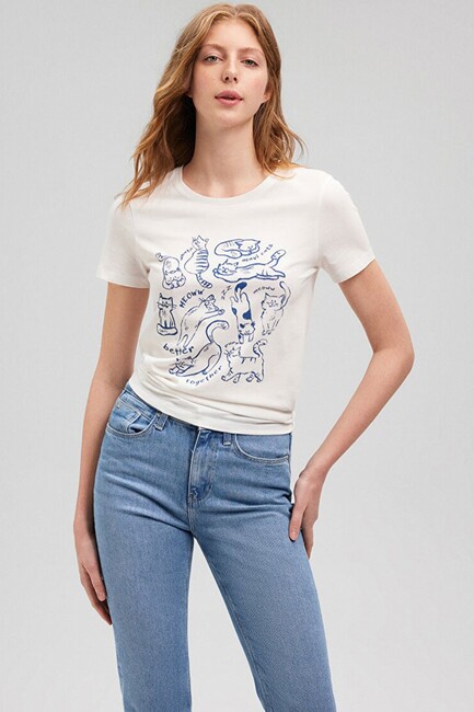 Kadın Kedi Baskılı Tişört 1612206-70057 Beyaz (2)