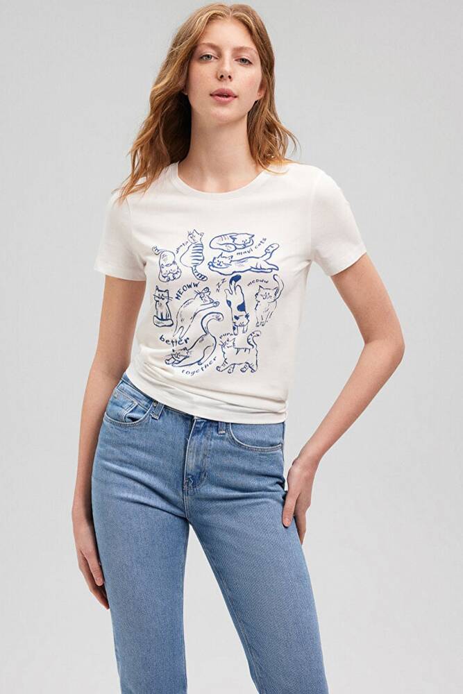 Kadın Kedi Baskılı Tişört 1612206-70057 Beyaz 