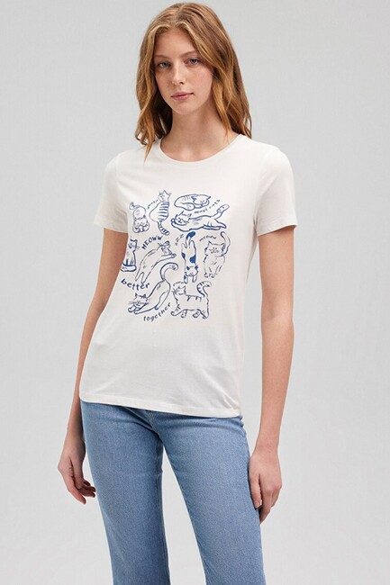 Kadın Kedi Baskılı Tişört 1612206-70057 Beyaz (3)