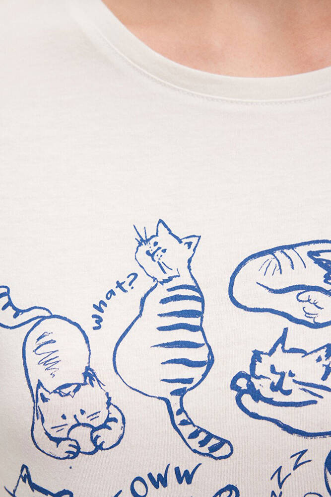 Kadın Kedi Baskılı Tişört 1612206-70057 Beyaz 