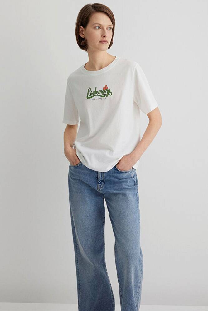 Kadın Kedi Baskılı Tişört 1613166-70057 Beyaz 