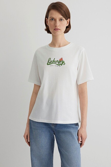 Kadın Kedi Baskılı Tişört 1613166-70057 Beyaz (3)