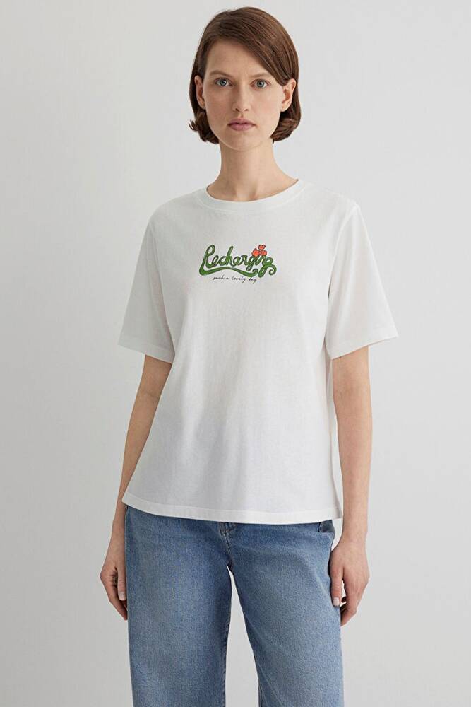 Kadın Kedi Baskılı Tişört 1613166-70057 Beyaz 