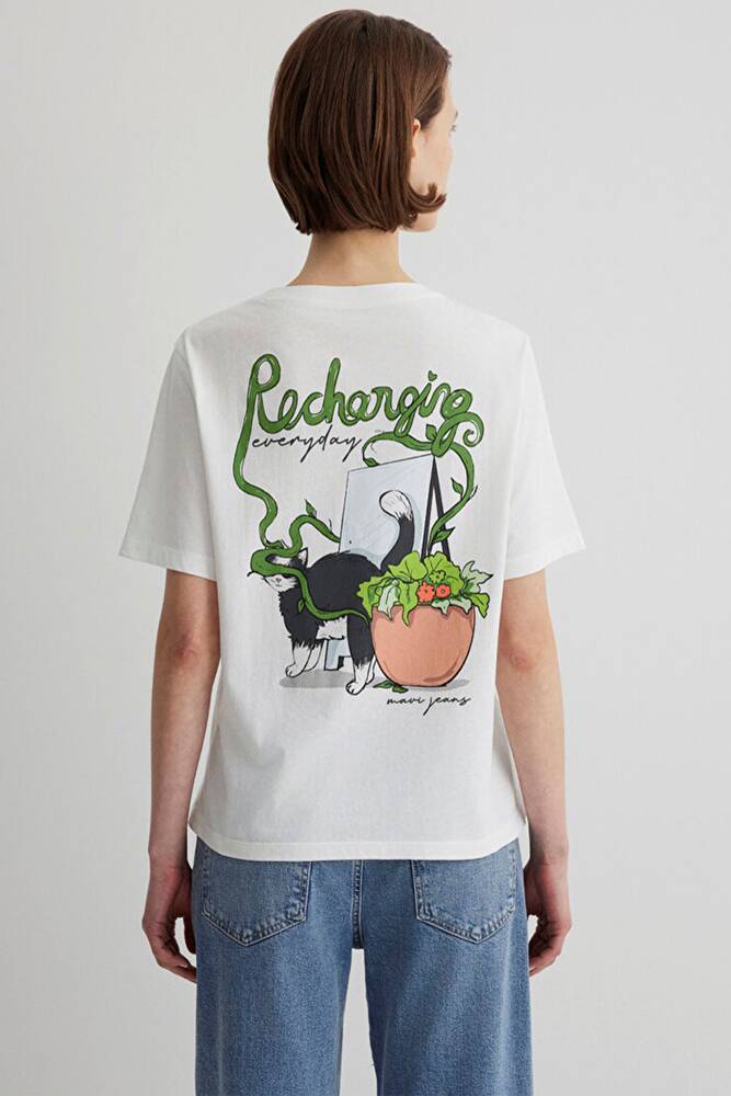 Kadın Kedi Baskılı Tişört 1613166-70057 Beyaz 