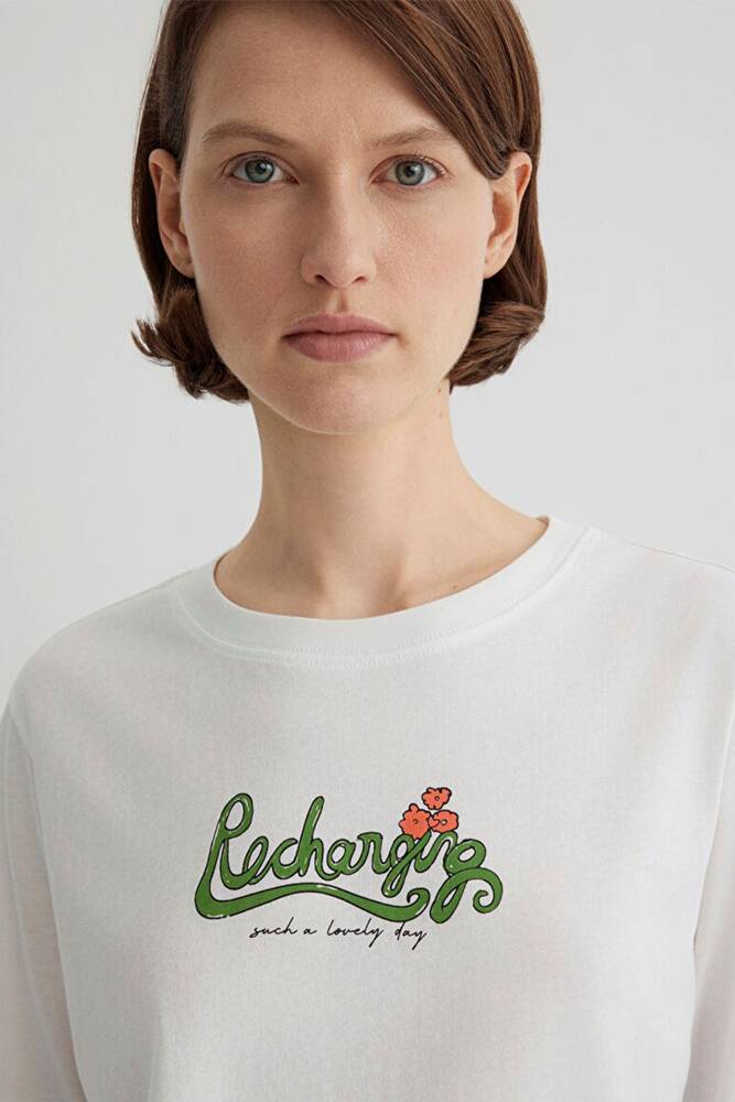 Kadın Kedi Baskılı Tişört 1613166-70057 Beyaz 