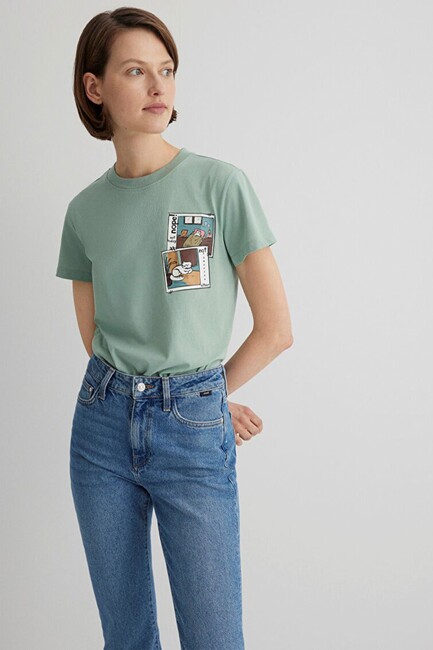 Kadın Kedi Baskılı Tişört 1613200-71787 Yeşil (1)