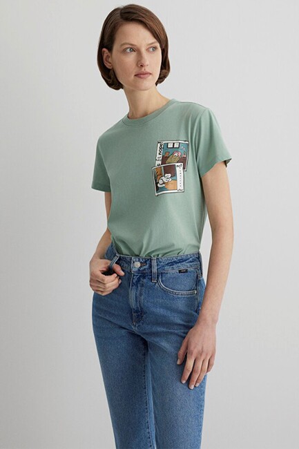 Kadın Kedi Baskılı Tişört 1613200-71787 Yeşil (2)