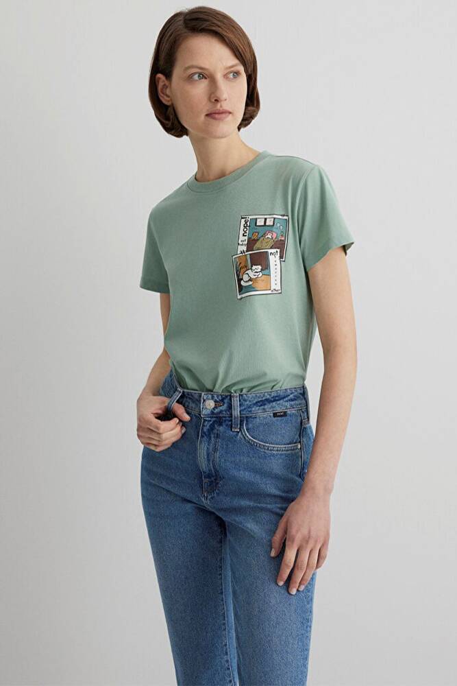 Kadın Kedi Baskılı Tişört 1613200-71787 Yeşil 