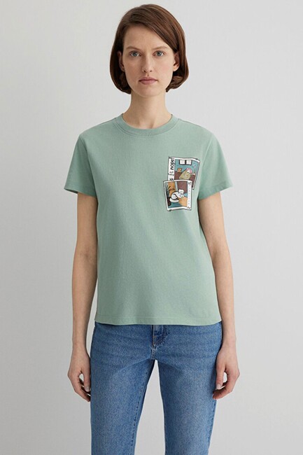 Kadın Kedi Baskılı Tişört 1613200-71787 Yeşil (3)