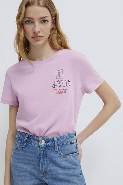 Kadın Kedi Baskılı Tişört 1613722-71039 Pembe - Thumbnail