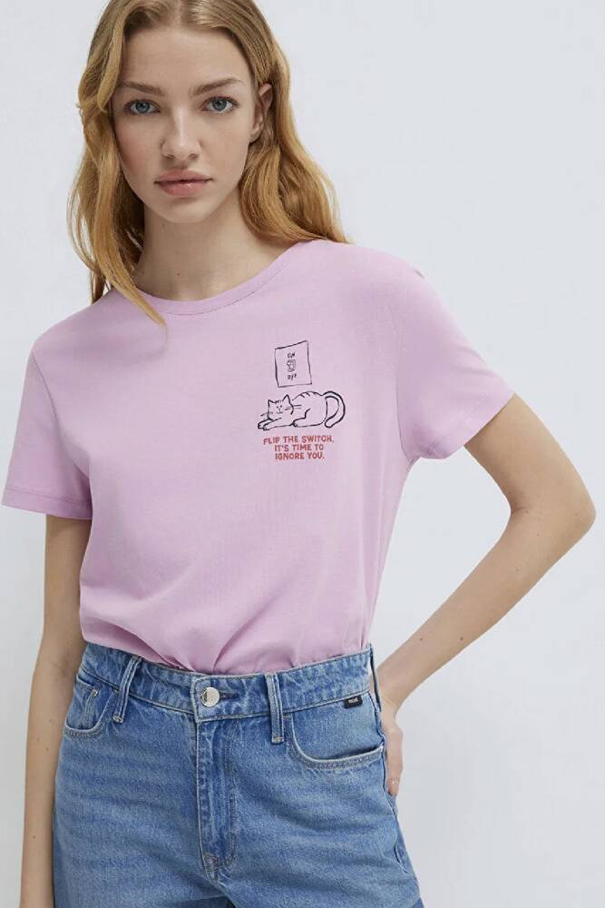 Kadın Kedi Baskılı Tişört 1613722-71039 Pembe 