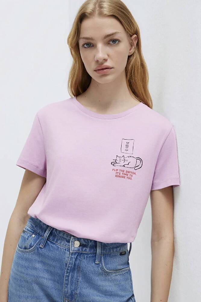 Kadın Kedi Baskılı Tişört 1613722-71039 Pembe 