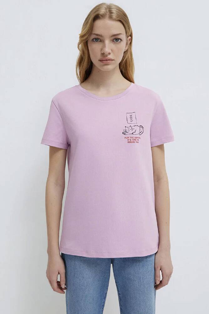 Kadın Kedi Baskılı Tişört 1613722-71039 Pembe 