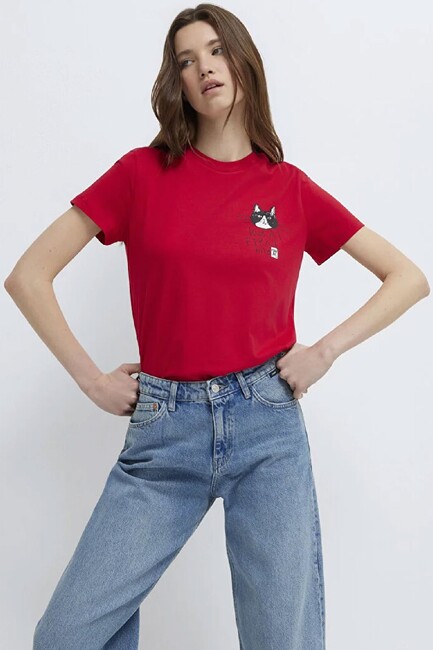 Kadın Kedi Baskılı Tişört 1613723-70935 Kırmızı (1)