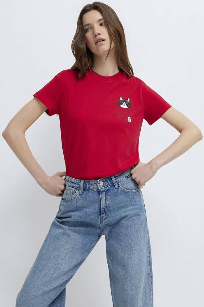 Kadın Kedi Baskılı Tişört 1613723-70935 Kırmızı 