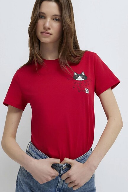 Kadın Kedi Baskılı Tişört 1613723-70935 Kırmızı (2)