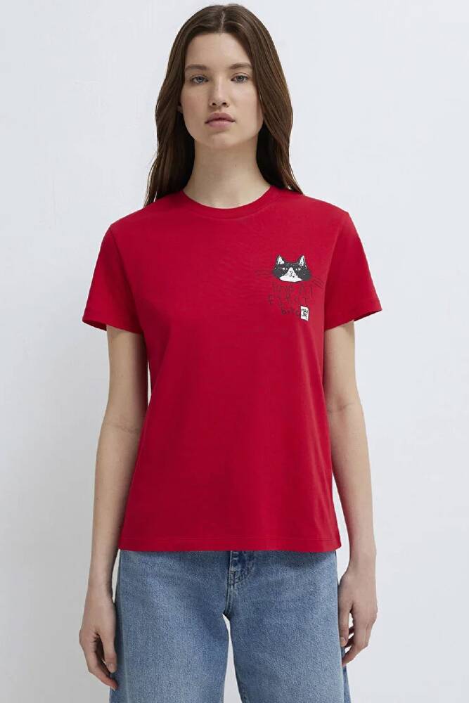 Kadın Kedi Baskılı Tişört 1613723-70935 Kırmızı 